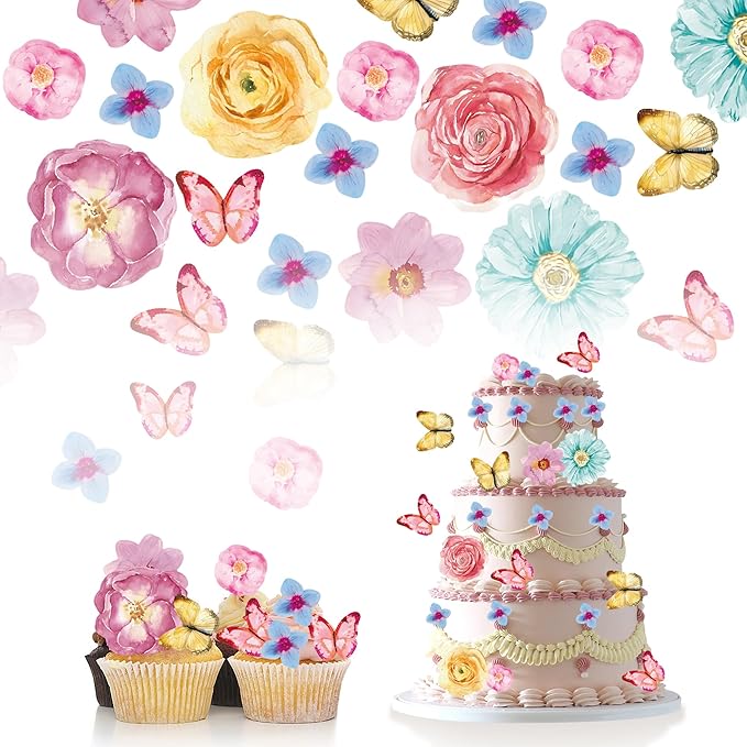 102Pcs Edible Flowers & Butterfly Cake Topper Cupcake Toppers Wafer Paper Wedding Themed Party Birthday Party Decoration Supplies Mixed Size & Colour by Unknown
