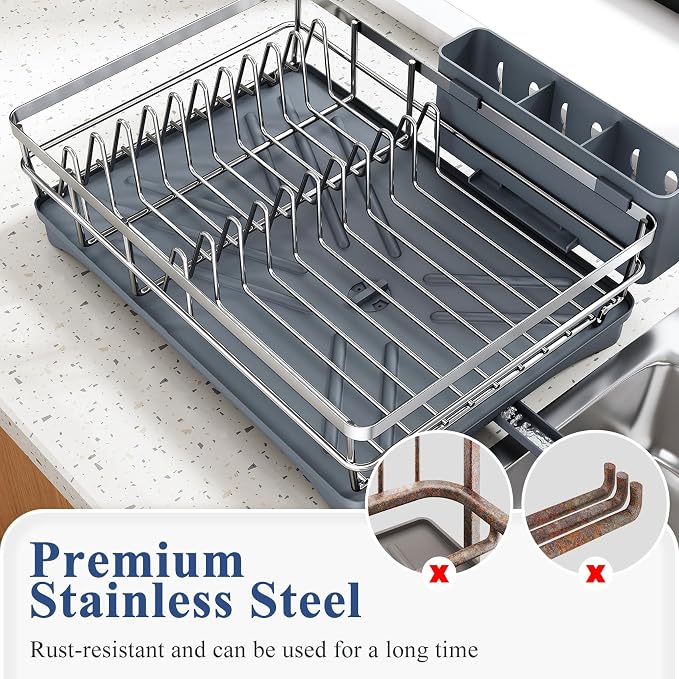 SNTD Dish Drying Rack for Kitchen Counter, 11.8" W x 16.7" L, Silver | Rustproof Stainless Steel, Large Capacity, Self-Draining Drainboard, Rotating Spout, Removable Utensil Holder - Image 6