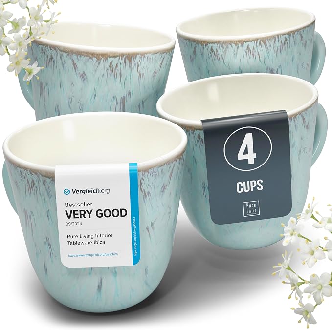 Stoneware Coffee Mug Set of 4, Stylish Modern Beige-Blue Cups, 14.5 Oz Ceramic, Dishwasher and Microwave Safe, Solid Mediteran Set by PURELIVING