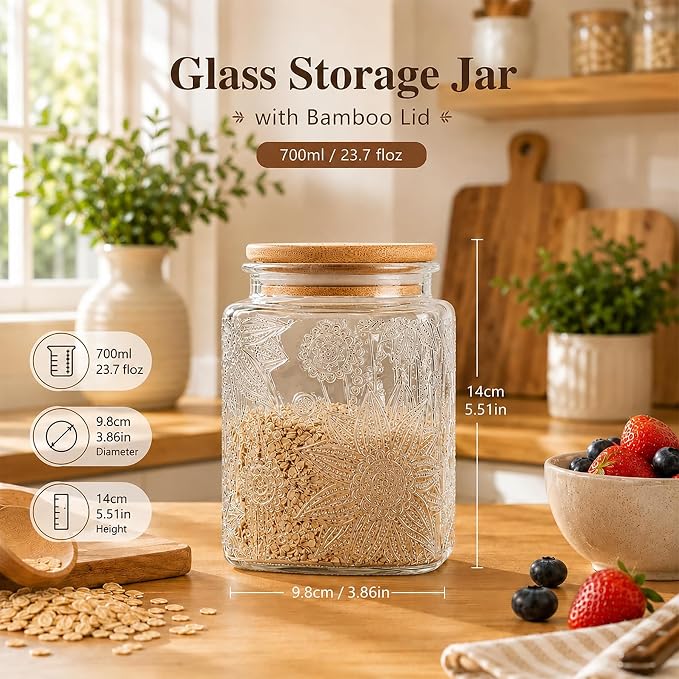 Glass Storage Jars With Airtight Lid, 23.7oz Canister For Kitchen Counter with Bamboo Lid, brown sugar, candy, coffee, cookie, salt, tea,pantry cute Jar (Square Sunflower) - Image 2