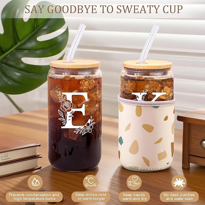 Personalized Gifts for Women, Monogrammed Gifts for Women, Initial 16 oz Glass Cups With Lids and Straws, Customized Mug, Personalized Birthday Gifts Christmas Gifts for Her Mom Friend Woman, E