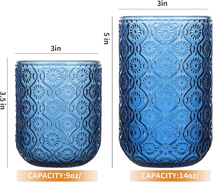Set of 8 Vintage Embossed Glassware,4 Highball Glasses 14oz & 4 Rocks Drinking Glasses 9oz, Blue, Art Deco, for Wine, Water, Cocktail, Juice, Whiskey, Gift - Image 5