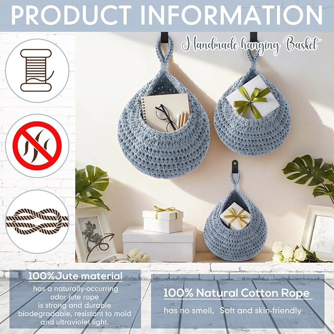 Honeydak Boho Decor Hanging Wall Baskets for Kitchen 3 Pack Teardrop Baskets with Hooks Storage Fruit Onion Vegetable Potato for Home 3 Sizes(Light Blue,Teardrop,Cotton Rope) - Image 3