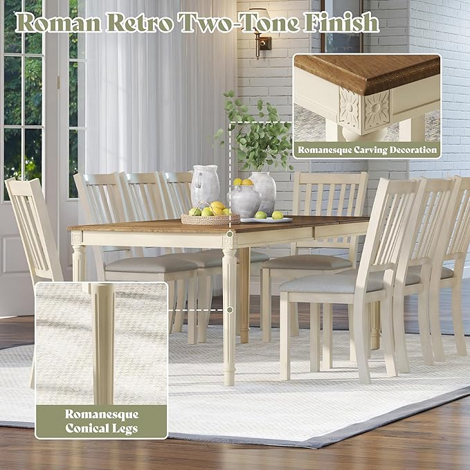 AMERLIFE 79" Rustic Farmhouse Dining Table with Solid Wood Top, Cream | Solid Wood Construction, Roman Conical Legs, Large Rectangular Design, Seating for 6 to 8 - Image 5