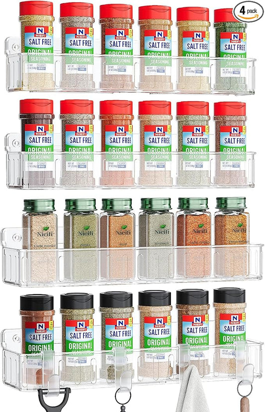Nieifi Spice Rack Wall Mount, 4 Pack Clear, 2" Depth, Screw/Adhesive | Wall-Mounted with Removable Hooks Saves Counter Space, Fits 2" Deep Jars, Ideal for Kitchen Cabinets, Pantry Doors, and RVs. by Nieifi