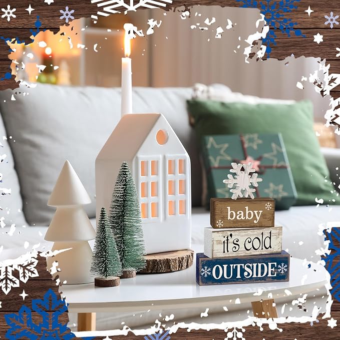Moucuny 4 Pcs Christmas Table Decoration Winter Wooden Stacked Block, Baby It's Cold Outside Signs with Snowflake Topper, Rustic Christmas Tiered Tray Decor Snowflake Decor for Home Office Shelf - Image 3
