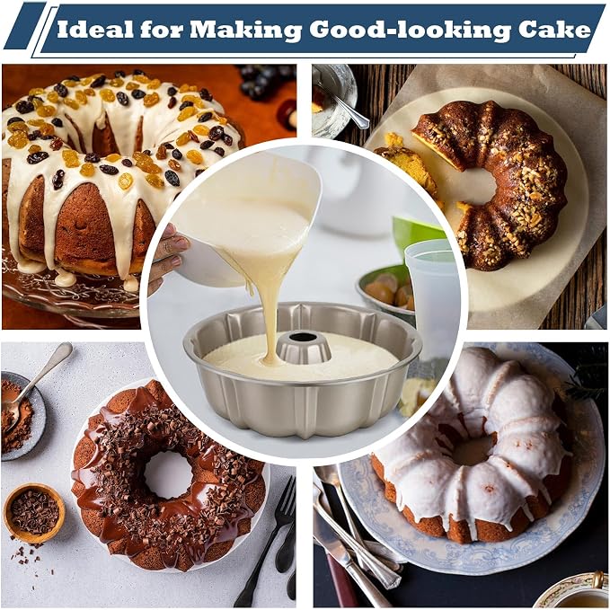 P&P CHEF 10 Inch Light Gold Non-stick Cake Pan, Carbon Steel, 1 Piece | Fluted Tube Round Baking Pan for Pound Cake, 10-Cup Large Capacity Bakeware, Healthy & Heavy Duty - Image 5