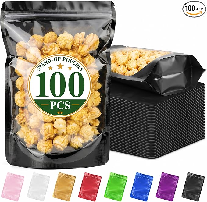 ANZNKU 100PCS Mylar Bags Resealable Large Smell Proof Bags(Black, 7.1x10.2) | Stand Up Foil Pouches Clear Window, Sealable Bags for Small Business Packaging Snack Party Favors Candy Treats Food Storage by ANZNKU
