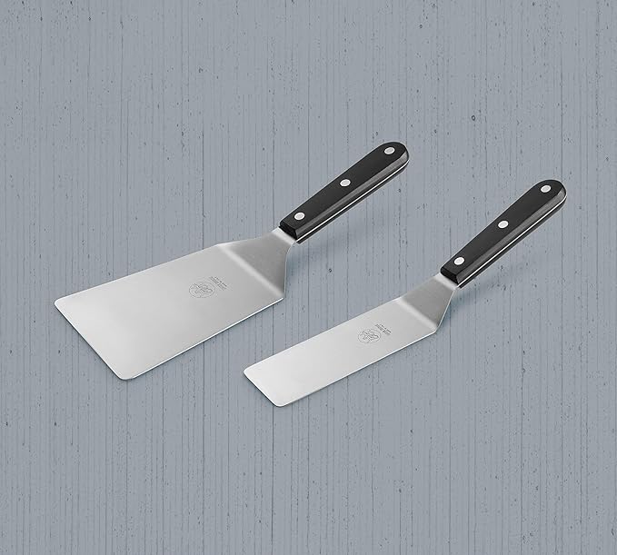 DUE BUOI set Wide Spatula blade dimension 4" x 6"1/3 and Narrow blade dimension 2" x 6" 1/3. Full Tang Triple Riveted. Non-stick Durable. ICQ Approved.