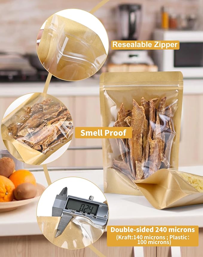 FireKylin 100PCS Stand Up Pouches 3.5"x5.5" Paper Bags With Window Clear Front Pouches Resealable Zipper Food Storage Brown - Image 4