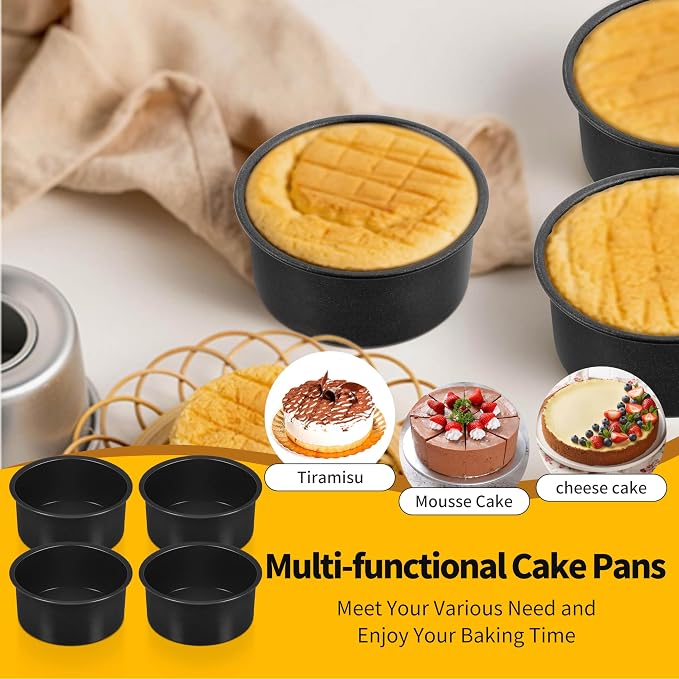 P&P CHEF 4 Inch Cake Pan Set, Non-stick Baking Pans for Cake, 4Pcs | Round Cake Baking Tins for Tier Smash Cakes, Bread, Non-Toxic & Solid, Stainless Steel Core & Leak-Proof, Black - Image 8