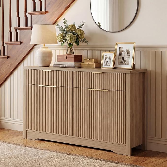 Cyclysio 55" Fluted Buffet Cabinet with Drawers, Modern Sideboard Credenza with Adjustable Shelves, Coffee Bar Table with Storage for Dining Room, Entryway, Kitchen, Natural Oak - Image 5