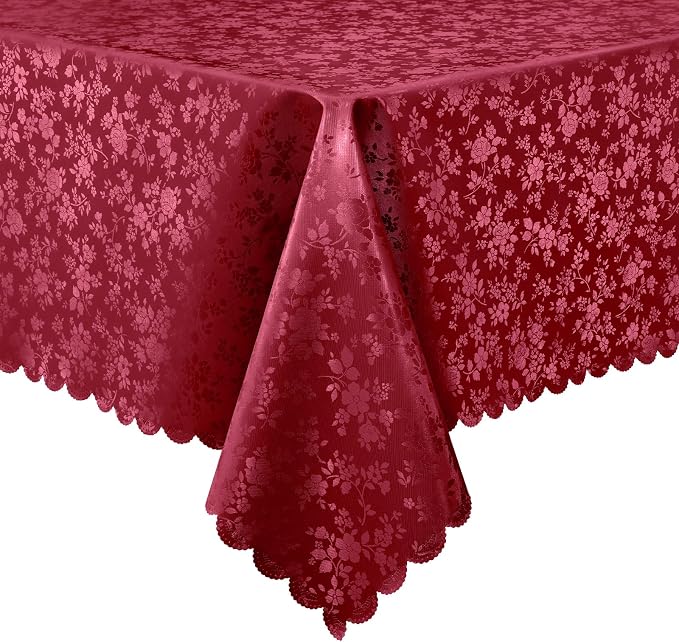 smiry Waterproof Vinyl Tablecloth, Rectangle Heavy Duty Table Cloth, Wipeable Table Cover for Kitchen and Dining Room (Red, 60X102 Inch) | Wipeable Washable Floral Embossed Table Cover for Kitchen and Dining Room, Indoor & Outdoor Use, Wine Red by Smiry