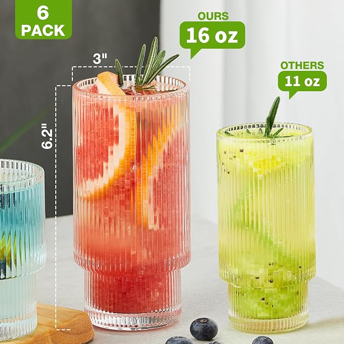 Qipecedm® 6 Pack Ribbed Drinking Glasses, 16 oz Vintage Glass Cups, Highball Glasses, Premium Iced Coffee Glasses, Clear Glass Tumbler, Cocktail Glasses, Elegant Glassware for Water Juice Whiskey Beer - Image 3