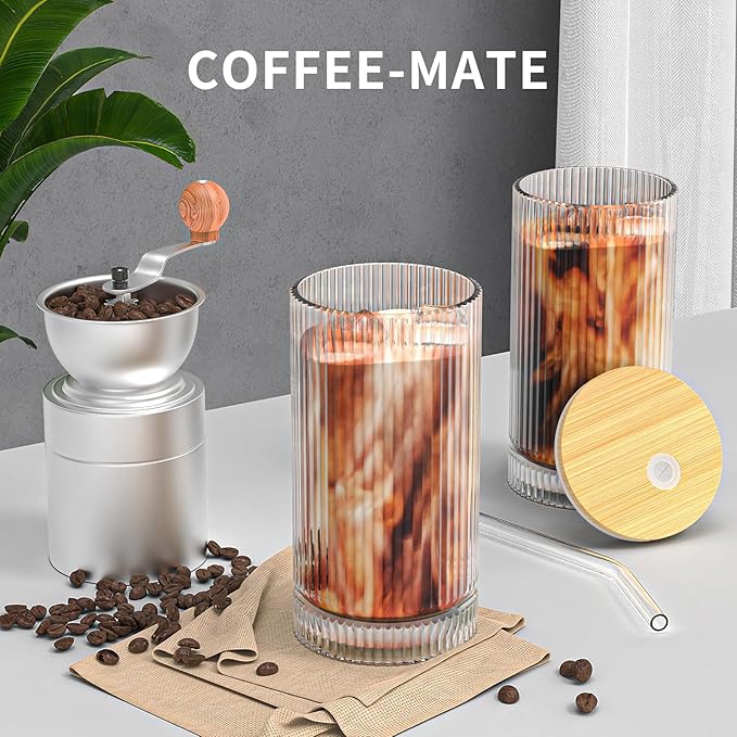 15 Oz Glass Cups with Straws, Vintage Glassware for Whiskey Cocktail Beer, Iced Coffee Cups and Drinking Glassare (4 PACK)