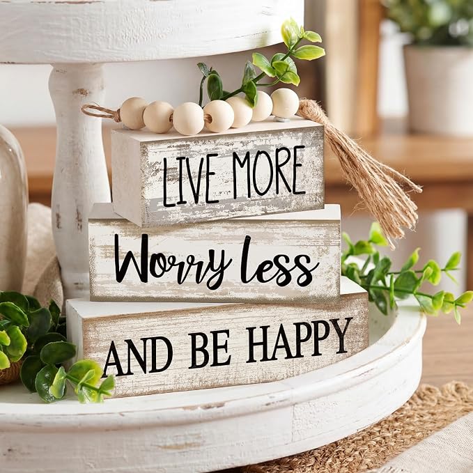 Moucuny 4 Pcs Inspirational Farmhouse Table Decor Rustic Stacked Wooden Block Sign - Live More Worry Less Be Happy Centerpieces Set with Beaded Tassel and Artificial Plant for Home, Office, Shelf Gift - Image 2