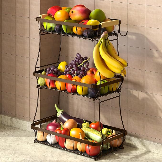 3-Tier Fruit Basket with Banana Hangers, Detachable Metal Bowl | Wooden handle, protective mats included. Versatile holder for bread, snacks, and veggies. Large 3 tier metal design. by Sevenblue