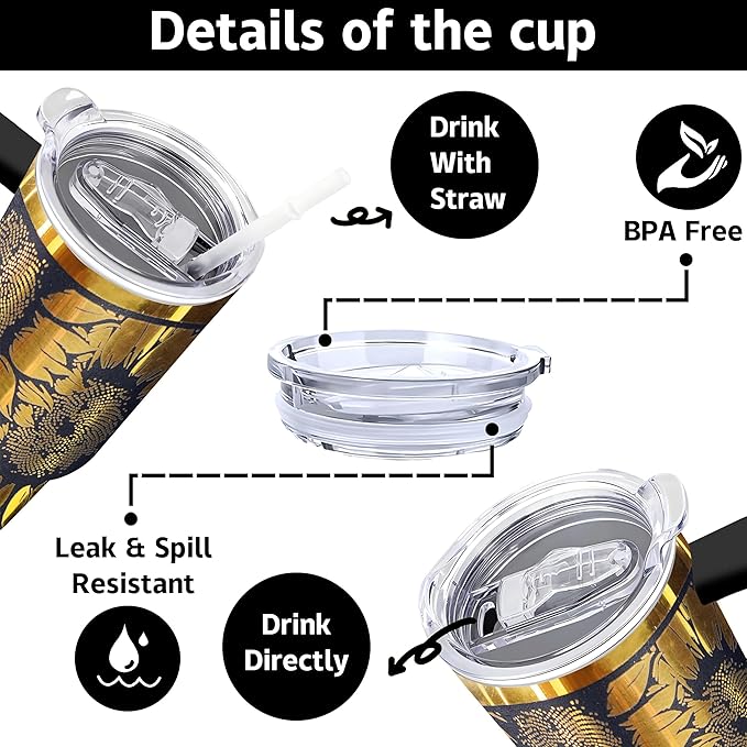 40 oz Sunflower Laser Engraving Tumbler With Handle With Lid Straw Double Insulated Travel Coffee Cup Travel Accessories Must Have Gifts For Women