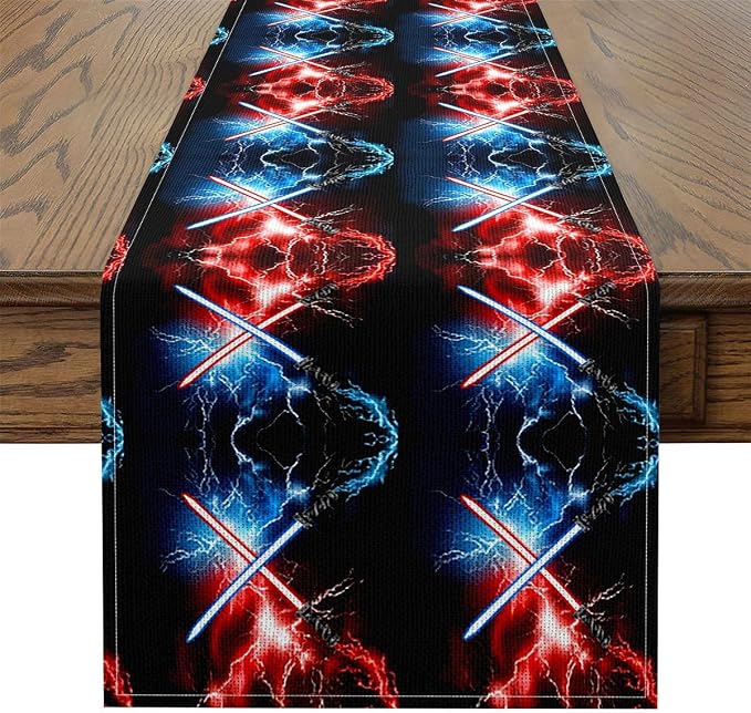 Feelyou Lightsaber Table Runner 120x13 Inch Red Blue Decorations Indoor Outdoor Party Supply Lightsaber Grommet Home Kitchen Dining Decor Dresser Scarfs Future Technology Home Decor for Living Room - Image 2