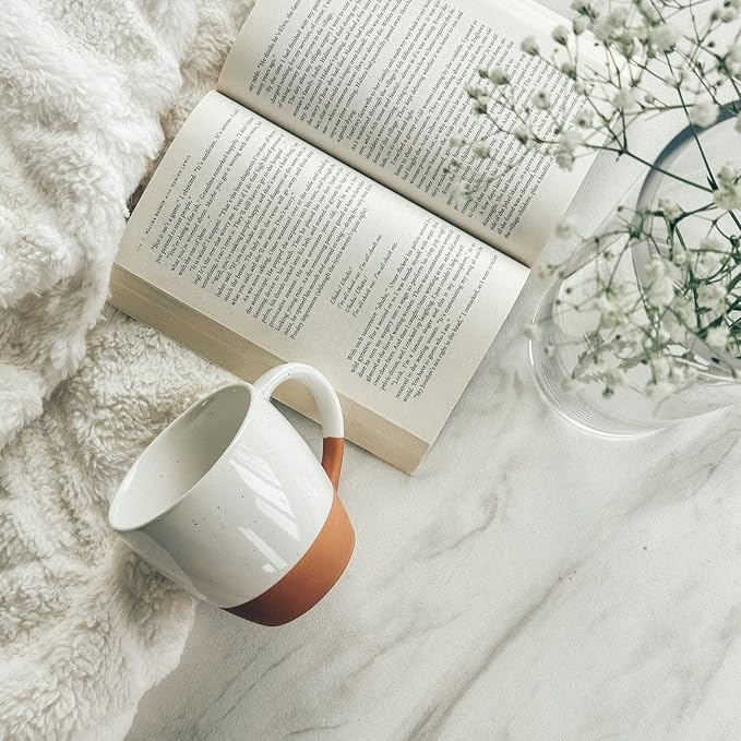 Mora Ceramic Large Latte Mug Set of 4, 16oz - Microwavable, Porcelain Coffee Cups With Big Handle - Modern, Boho, Unique Style For Any Kitchen. Microwave Safe Stoneware - Vanilla White - Image 6