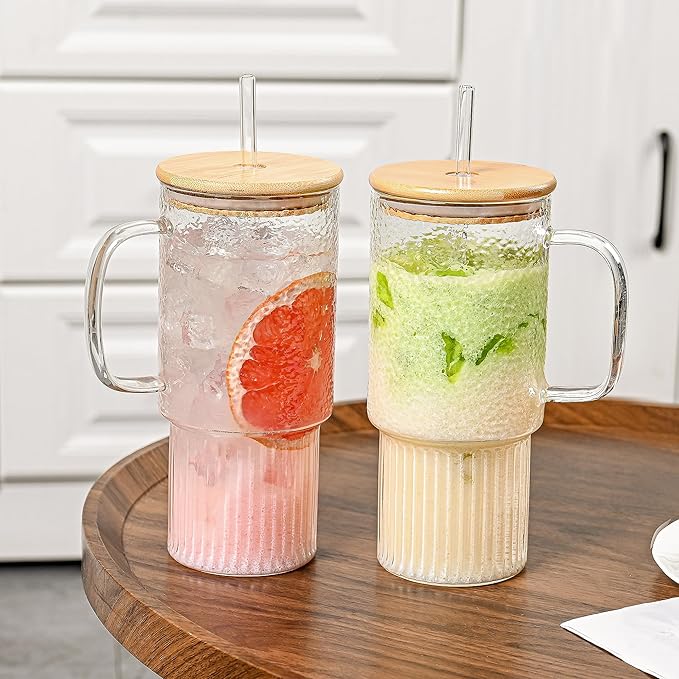 32oz Glass Cups with Handle & Bamboo Lids and Straws, Borosilicate Glass Tumblers for Iced Coffee, Smoothies, Fruit Drinks. Reuseable Glasses Cups for Cold/Hot Water (Bamboo Lid 1 pack)