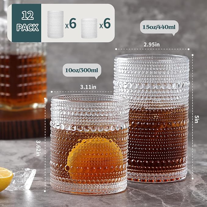 Moretoes Vintage Hobnail Drinking Glasses Set of 12 | 15 Oz Highball Glasses & 10 Oz Cocktail Glasses, Glass Cups Kitchen Bar Tumbler Glassware Set for Whiskey, Beer, Juice, Milk - Image 3