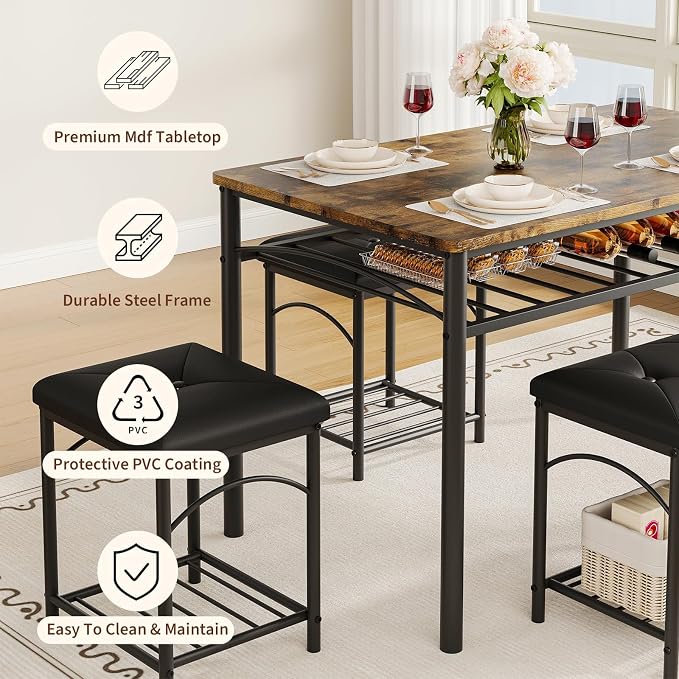 GarveeHome Dining Table Set for 4 with Upholstered Benches and 2 Stools, Modern Space Saving Kitchen Breakfast Table, Ideal for Small Kitchens, Apartments, Studios, and Compact Living Spaces - Image 8