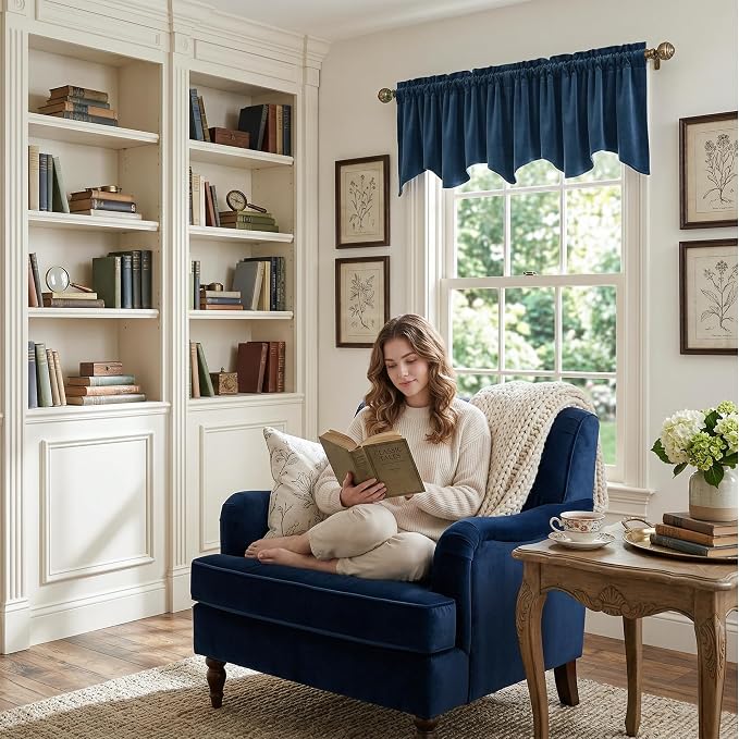 Velvet Window Valance 52x18 Inch 4-Panel Set | Soft Wavy Navy Blue Kitchen Curtains for Windows, Luxury Fabric Aesthetic Window Treatment for Bay Window, Living Room - Image 3