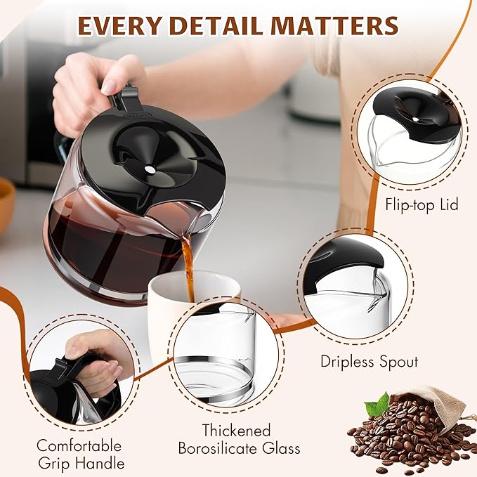 Glass Coffee Carafe Compatible with Delonghi 3066 3067 3093 3094 3111 3112 Kf140 Kf863, Coffee Pot Compatible with 7313283649, Espresso Carafe Machine Parts, 10 Cup / 750ml