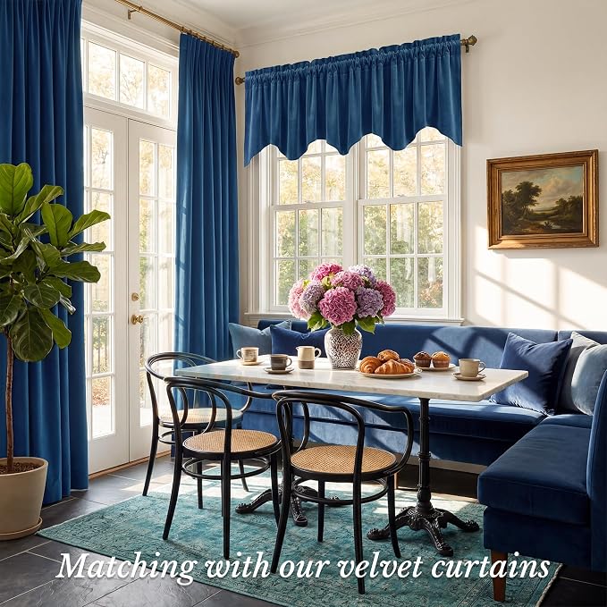 Blue Scalloped Window Valance 52x18 Inch 1 Panel | Premium Kitchen Velvet Window Treatments, Decorative Wavy Short Drapes for Bathroom, Over Sink RV, Rod Pocket - Image 2