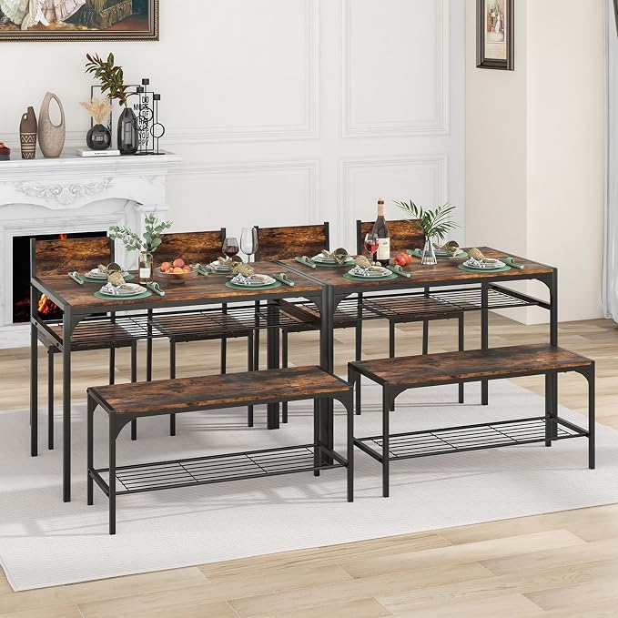 Giantex Dining Table Set for 4, Kitchen Table with Chairs & Bench, Storage Racks, Metal Frame, 4-Piece Space-Saving Dinette Set for Dining Room, Breakfast Nook, Small Space, Apartment,Rustic Brown - Image 9