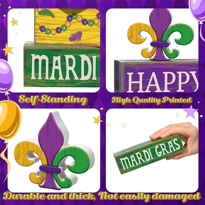 Moucuny 4 Pcs Mardi Gras Decorations Mardi Gras Wooden Sign Carnival Table Centerpiece Carnival Tiered Tray Decor Decorative Faux Book Stack Block for Masquerade Party Fireplace Mantel Shelf - Image 5