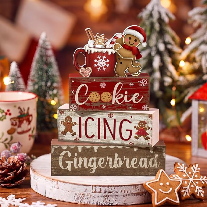 Moucuny 4 Pcs Christmas Table Decor Wooden Gingerbread Cocoa Decoration Christmas Centerpiece Winter Tiered Tray Decor Gingerbread Man Cocoa Block Signs Gift Farmhouse Xmas Decoration for Home Kitchen - Image 8