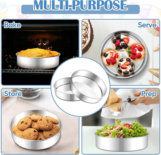 E-far 8 Inch Cake Pan Set of 2, Stainless Steel Round Baking Pans Tins Mold - Non-Toxic & Leak-Proof for Birthday Wedding Layer Tiered Cake, Easy Clean & Dishwasher Safe - Image 4