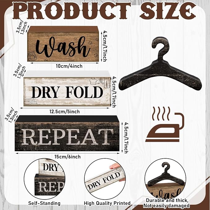 Moucuny 4 Pcs Farmhouse Laundry Room Decor Stacked Blocks, Wash Dry Fold Repeat Wooden Sign Set with Vintage Hanger - Rustic Home Shelf Decor for Laundry Area Housewarming Gift - Image 3