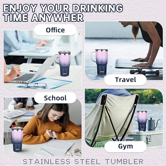 20 oz Insulated Coffee Mug with Ceramic Coating, Stainless Steel Travel Mug Tumbler with Handle Lid and Straw, Double Wall Leak-Proof Coffee Travel Mug Keeps Drink Hot and Cold (Purple blue) - Image 7