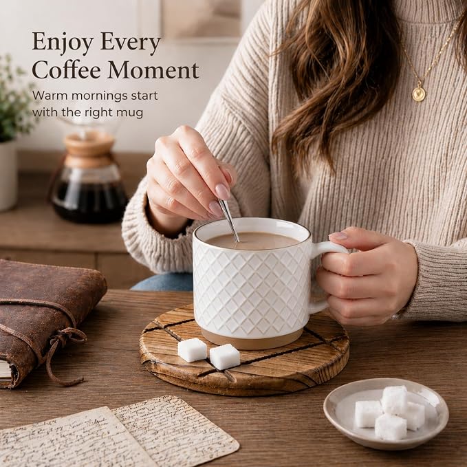 GBhome 15 OZ Stackable Coffee Mugs Set of 4, Ceramic Coffee Cups Set | 4 Assorted Designs, Embossed Mugs with Texture Patterns for Tea/Coffee, Dishwasher&Microwave Safe, Off White - Image 4
