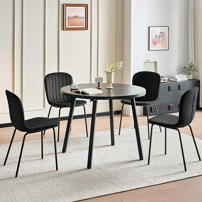 Small Round Dining Table Set for 4 People, 37" Modern Kitchen Table | 5-Piece Set, Faux Black Marble MDF table, 4 Black Velvet Chairs, Easy Assembly, Space-saving, Fits Small Dining Room - Image 5