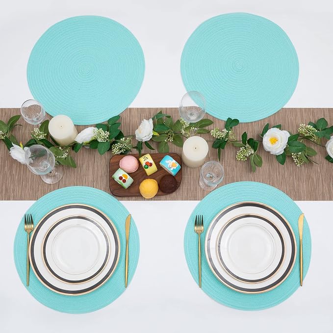 SHACOS Round Placemats Set of 4 Washable 15 inch Round Table Mats Cotton Polyester Woven Braided Place Mats for Dining Table Wedding Party Decor (Aqua, 4) - Image 7