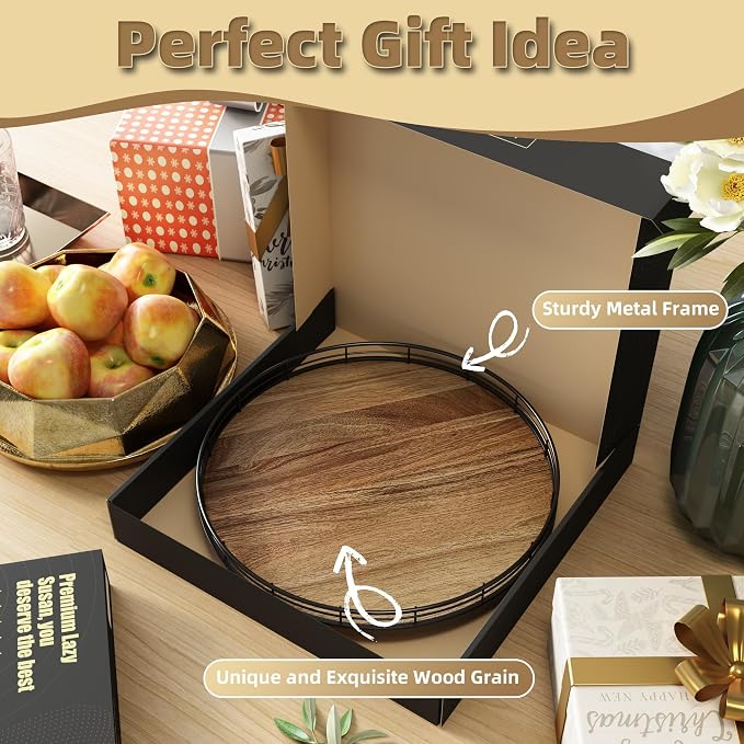 Acacia Wood 13" Lazy Susan Turntable Organizer for Table Top, Farmhouse Round Wooden Lazy Susan for Cabinet Kitchen Centerpieces Coffee Table, for Condiments Spices, Bathroom Vanity Tray Decor - Image 7