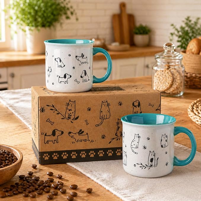 AmorArc 22 OZ Large Ceramic Coffee Mugs Set of 2, Oversized Mugs With Big Handle for Men Women Dad Mom, Big Mug With Textured Dogs Cats Patterns for Office & Home -Microwave Safe, 2 Pcs-Blue - Image 8