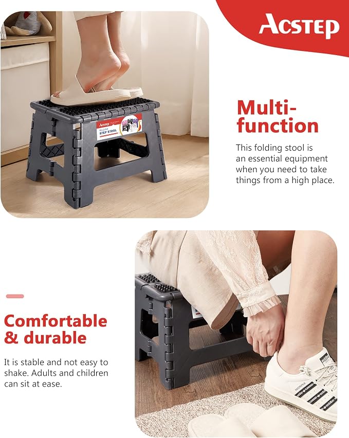 ACSTEP Folding Step Stool 9 inch Height Non-Slip Plastic Step Stools for Kids and Adults, Kitchen Collapsible Fold Up Small Stepping Stool Grey,1 Pack | Portable Foldable Stools, Heavy Duty Collapsible Foot Stool, Holds 300 lb for Adults Kitchen Bathro... - Image 3