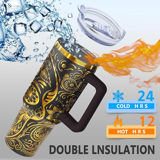 Goth 40 oz Skull Laser Engraving Tumbler With Handle With Lid Straw Double Insulated Travel Coffee Cup Skull Travel Accessories Must Have Gifts For Women