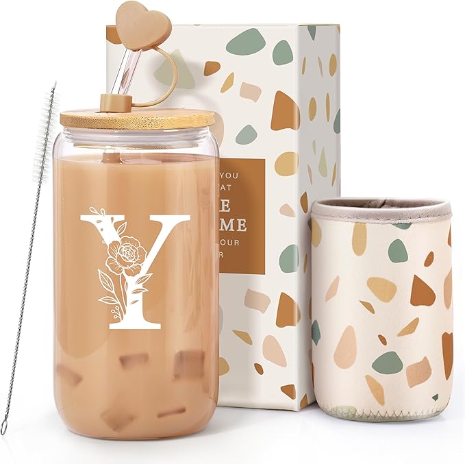 Personalized Gifts for Women, Monogrammed Gifts for Women, Initial 16 oz Glass Cups With Lids and Straws, Customized Mug, Personalized Birthday Gifts Christmas Gifts for Her Mom Friend Woman, Y