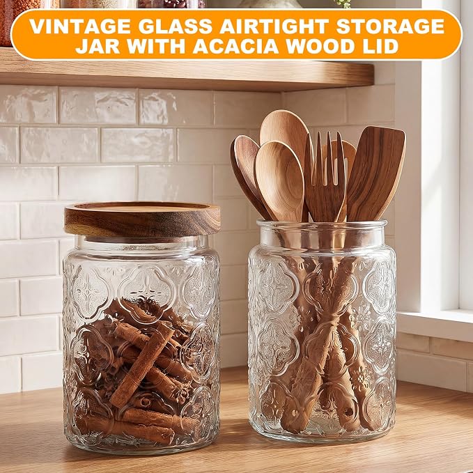 LemonRoad 4 Pcs Vintage Clear Glass Storage Jars 23.7 oz Mason Jar Canister with Wood Lids Food Storage Container for Cookie, Pantry, Candy Kitchen, Coffee, Tea, Flour, Sugar, Decorative Home Decor - Image 4