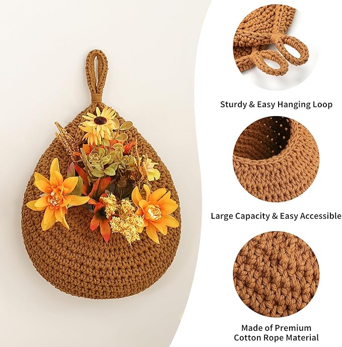 Boho Wall Hanging Fruit Baskets for Kitchen 3 Pack Woven Produce Holder with 6 Pcs Strong Hooks Vegetable Hanging Basket for Organizing Teardrop Home Wall Potato Onion Storage, Caramel - Image 2