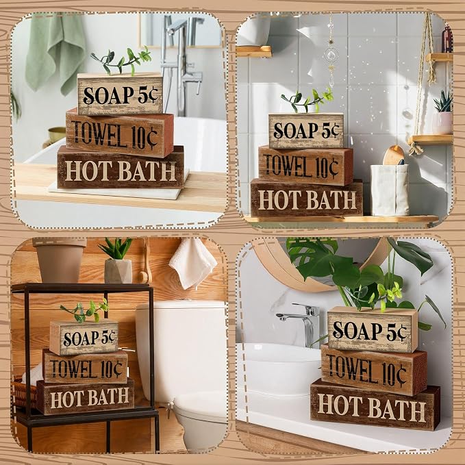 Moucuny 4 Pcs Bathroom Shelf Decor Sign Farmhouse Bathroom Decor and Accessories Rustic Eucalyptus Leaves Wood Block Sign Gifts Farmhouse Table Centerpiece for Hotel Country Campsite Washroom Toilet - Image 5