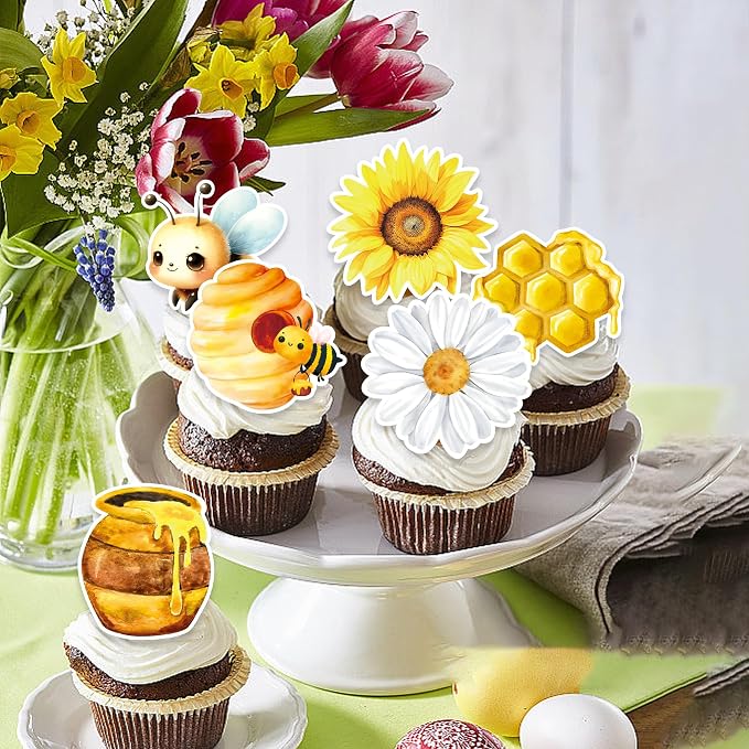 48 PCS Edible Bumble Bee Cupcake Toppers Wafer Paper Oh Babee Cake Decorations for Bee Theme Baby Shower Kids Boys Girls Birthday Cake Party Decoration - Image 2