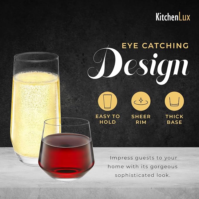 Kitchen Lux Drinking Glasses Set of 8 - Highball Tumbler & Rocks Drinkware | 4 Tall (18.5oz) & 4 Short (12.8oz) Glass Cups - Elegant Glassware Sets for Sparkling Cocktails, Wine, Beer, Whiskey - Image 3