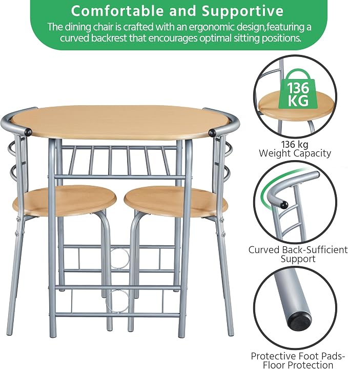 Yaheetech 3 Piece Dining Table Set, Kitchen Table & Chair Sets for 2, Compact Bistro Table Set with Steel Legs, Built-in Wine Rack for Small Space, Apartment, Breakfast Nook, Natural - Image 6